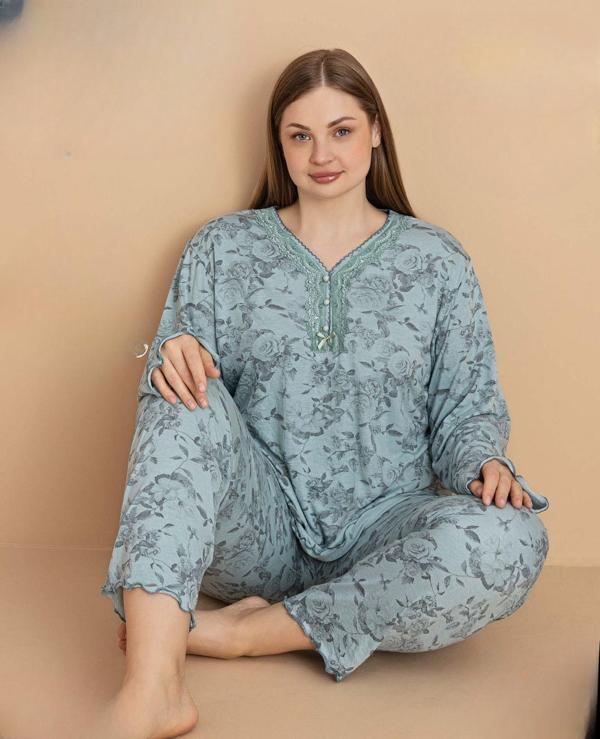 Pijamerry Kadın Büyük Beden Dantel Yaka Bambu Uzun Kol İnce Pijama Takımı 5672 - 1 Adet - Image 1