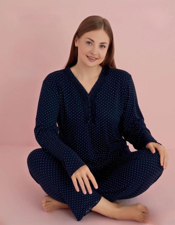 Pijamerry Kadın Büyük Beden Dantel Yaka Bambu Uzun Kol Pijama Takımı 5075 - 1 Adet Lacivert-2XL - Image 1