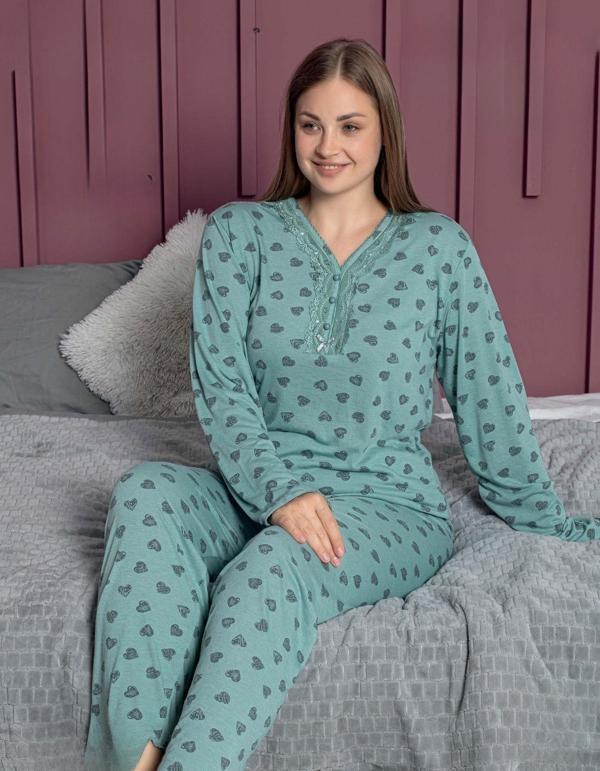Pijamerry Kadın Büyük Beden Dantel Yaka Bambu Uzun Kol Pijama Takımı 5161 - 1 Adet Yeşil-3XL - Image 1