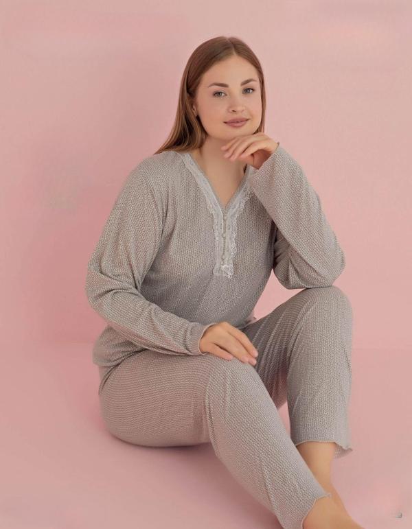Pijamerry Kadın Büyük Beden Dantel Yaka Bambu Uzun Kol Pijama Takımı 5070 - 1 Adet Gri-Kahverengi-4XL - Image 1