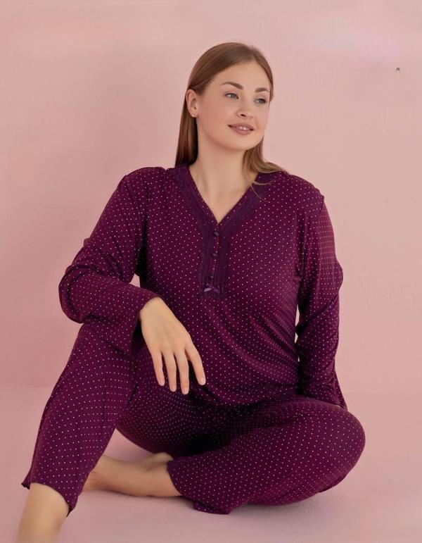 Pijamerry Kadın Büyük Beden Dantel Yaka Bambu Uzun Kol Pijama Takımı 5067 - 1 Adet Vişne-3XL - Image 1