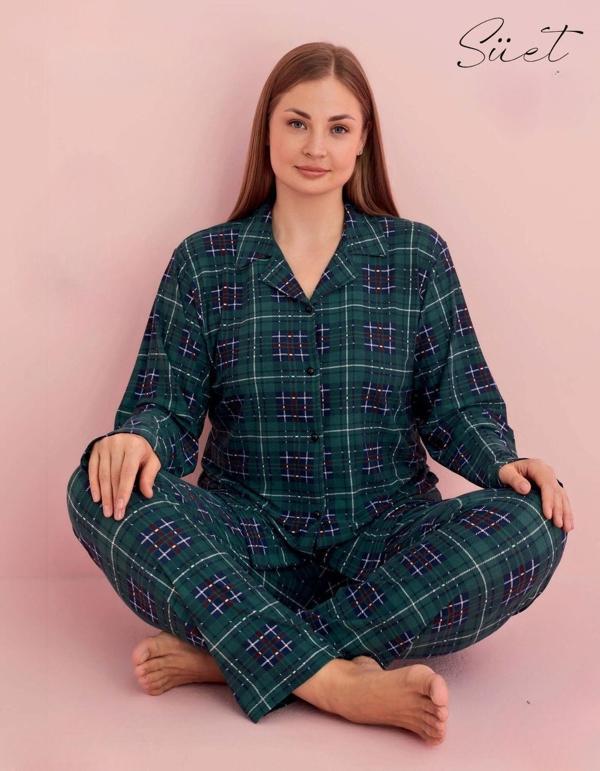 Pijamerry Kadın Büyük Beden Gömlek Yaka Süet Uzun Kol Pijama Takımı 5259- 1 Adet Yeşil-2XL - Image 1