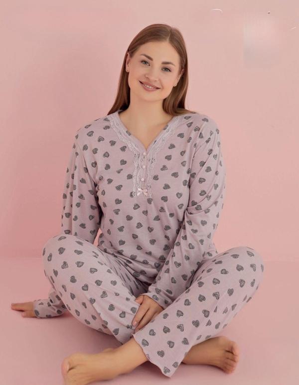 Pijamerry Kadın Büyük Beden Dantel Yaka Bambu Uzun Kol Pijama Takımı 5068 - 1 Adet Pembe-2XL - Image 1