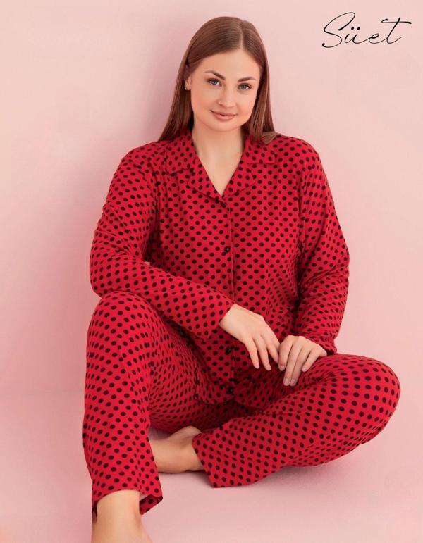 Pijamerry Kadın Büyük Beden Gömlek Yaka Süet Uzun Kol Pijama Takımı 5267- 1 Adet Kırmızı-2XL - Image 1