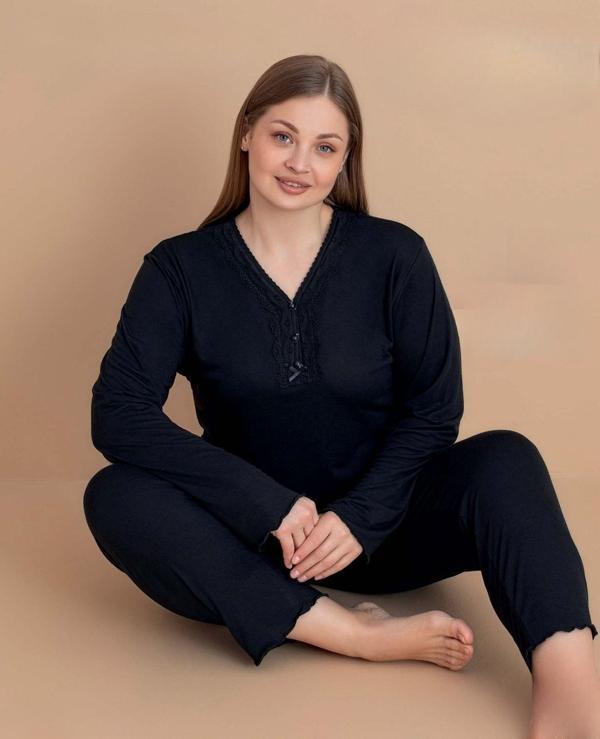 Pijamerry Kadın Büyük Beden Dantel Yaka Bambu Uzun Kol İnce Pijama Takımı 5544 - 1 Adet - Image 1