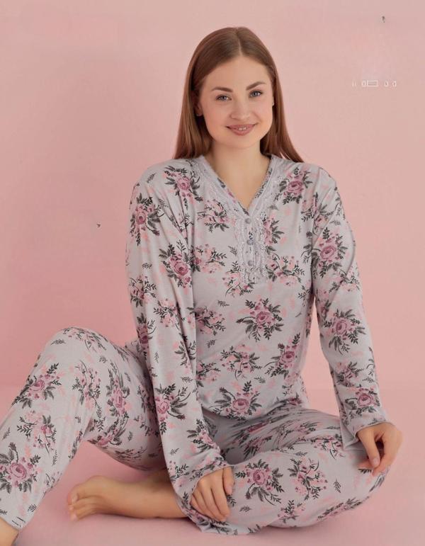 Pijamerry Kadın Büyük Beden Dantel Yaka Bambu Uzun Kol Pijama Takımı 5073 - 1 Adet Gri-2XL - Image 1