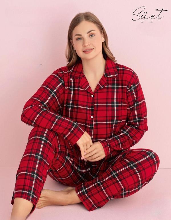 Pijamerry Kadın Büyük Beden Gömlek Yaka Süet Uzun Kol Pijama Takımı 5269- 1 Adet Kırmızı-2XL - Image 1