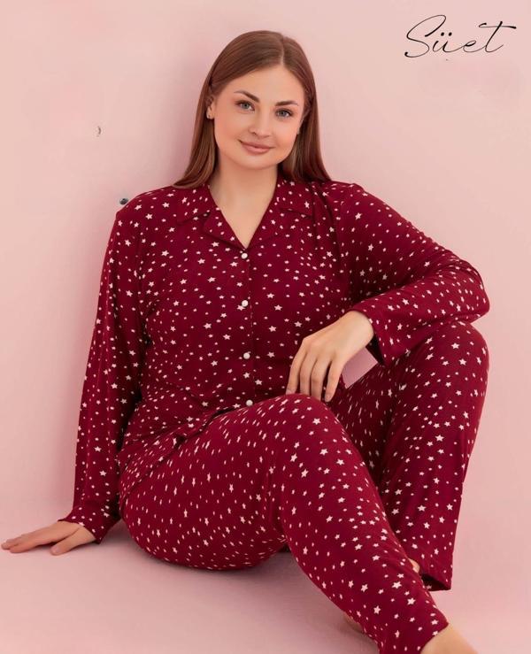 Pijamerry Kadın Büyük Beden Gömlek Yaka Süet Uzun Kol Pijama Takımı 5265- 1 Adet Bordo-3XL - Image 1