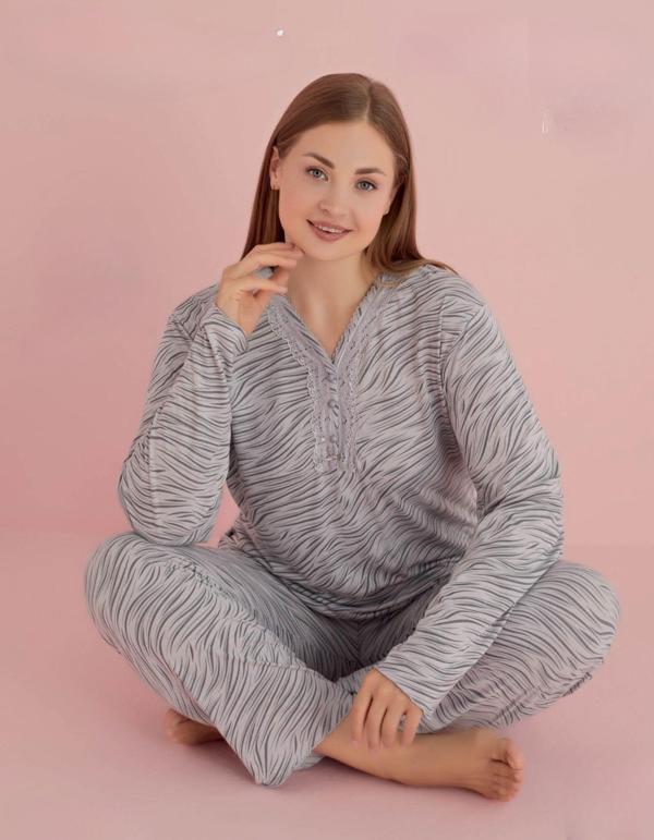 Pijamerry Kadın Büyük Beden Dantel Yaka Bambu Uzun Kol Pijama Takımı 5074 - 1 Adet Gri-2XL - Image 1