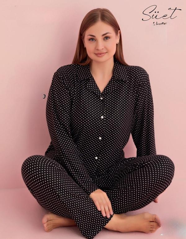 Pijamerry Kadın Büyük Beden Gömlek Yaka Süet Uzun Kol Pijama Takımı 5260- 1 Adet Siyah-3XL - Image 1
