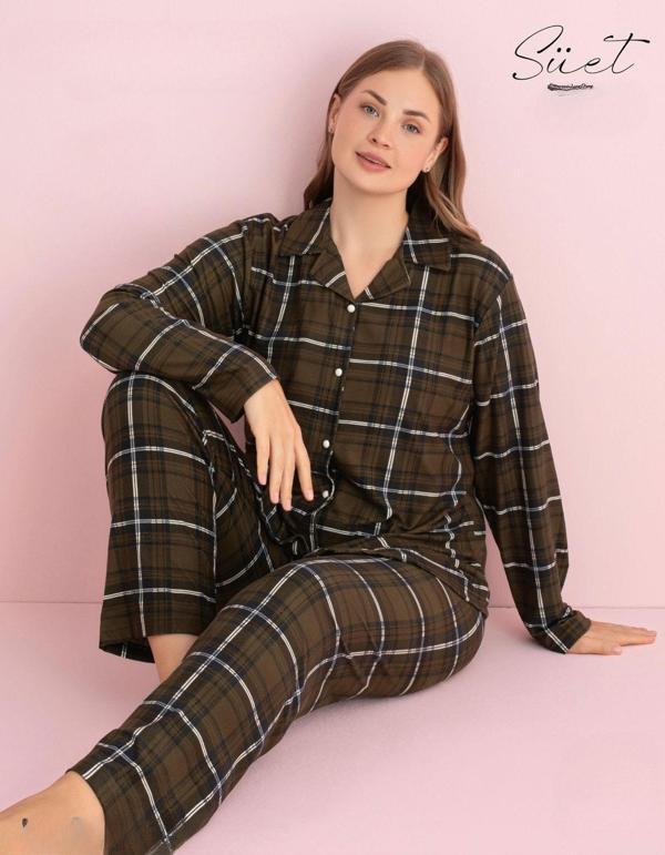 Pijamerry Kadın Büyük Beden Gömlek Yaka Süet Uzun Kol Pijama Takımı 5272- 1 Adet Haki-2XL - Image 1