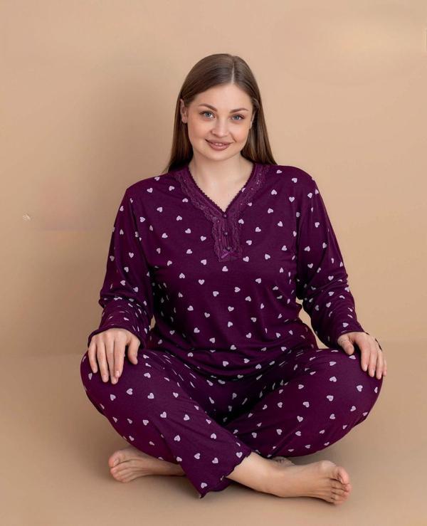 Pijamerry Kadın Büyük Beden Dantel Yaka Bambu Uzun Kol İnce Pijama Takımı 5542 - 1 Adet - Image 1