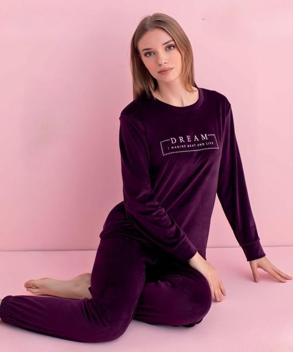 Pijamerry Kadın Kışlık Bisiklet Yaka Kadife Pijama Takımı 3041M - 1 Adet Mor-2XL - Image 1