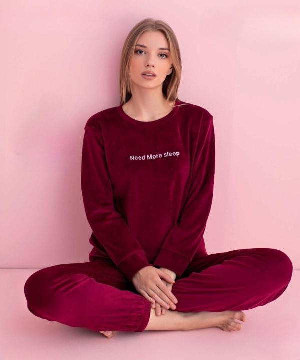 Pijamerry Kadın Kışlık Bisiklet Yaka Kadife Pijama Takımı 3044B - 1 Adet Bordo-S - Image 1