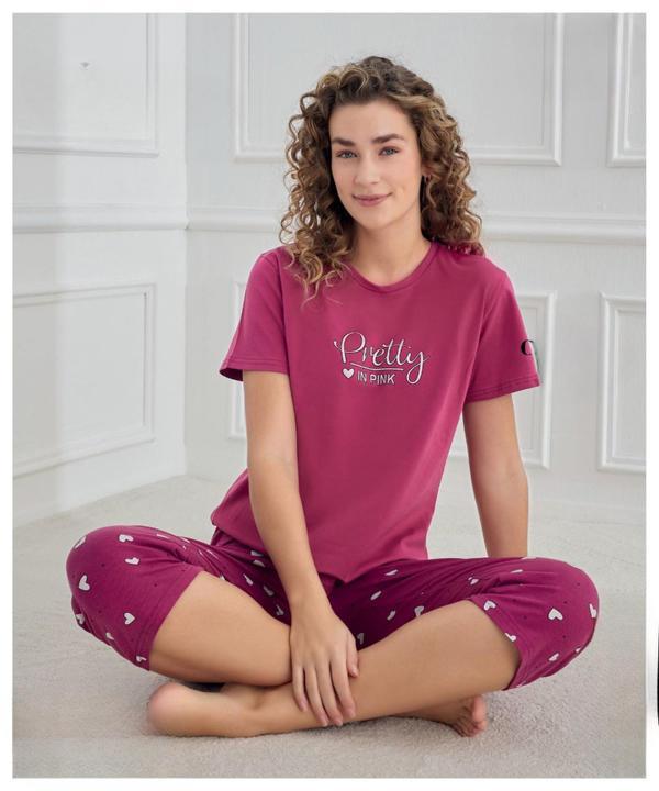 Mihra Kadın Bisiklet Yaka COMPACT PENYE Likralı KAPRİ Kısa Kol Pijama Takımı 90753M - 1 Adet Mürdüm-S - M - Image 1