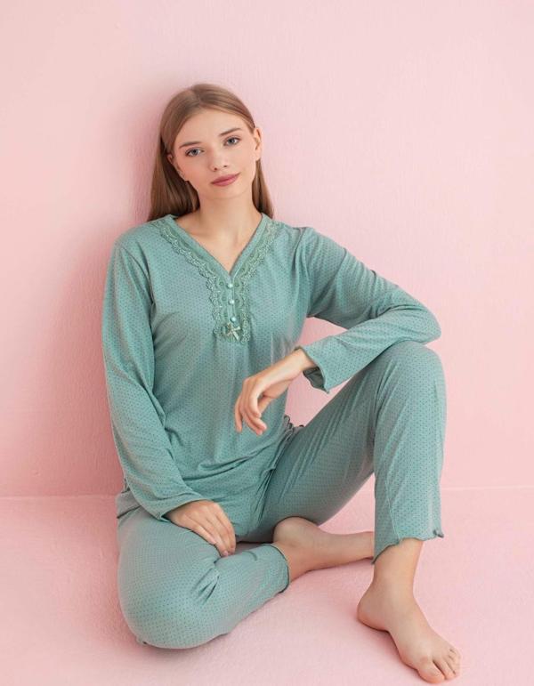 Pijamerry Kadın Dantel Yaka Bambu Uzun Kol Pijama Takımı 5208 - 1 Adet Yeşil-XL - Image 1