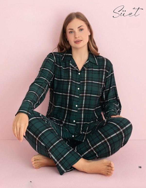 Pijamerry Kadın Büyük Beden Gömlek Yaka Süet Uzun Kol Pijama Takımı 5271- 1 Adet Yeşil-2XL - Image 1