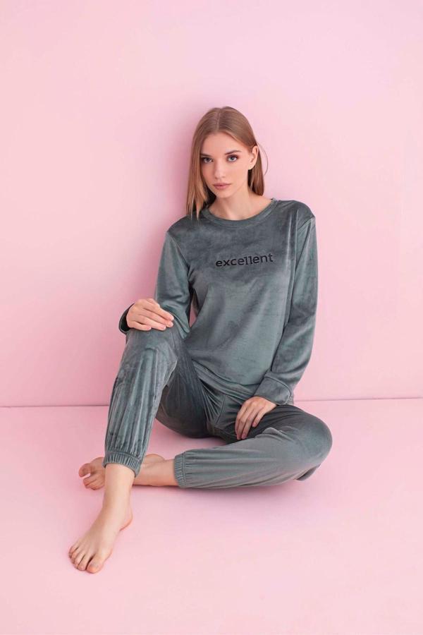 Pijamerry Kadın Kışlık Bisiklet Yaka Kadife Pijama Takımı 3036Y - 1 Adet Su Yeşil-S - Image 1