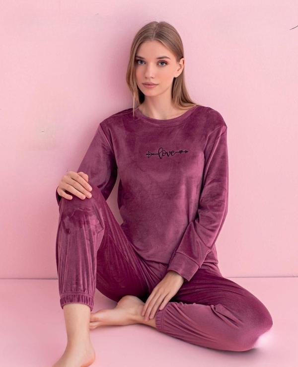Pijamerry Kadın Kışlık Bisiklet Yaka Kadife Pijama Takımı 3030G - 1 Adet Gül Kurusu-2XL - Image 1