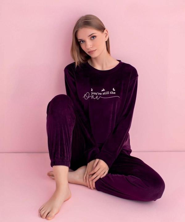 Pijamerry Kadın Kışlık Bisiklet Yaka Kadife Pijama Takımı 3040M - 1 Adet Mor-2XL - Image 1