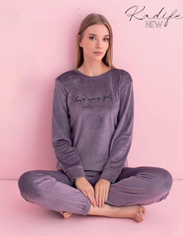 Pijamerry Kadın Kışlık Bisiklet Yaka Kadife Pijama Takımı 3034M - 1 Adet Açık Mor-S - Image 1