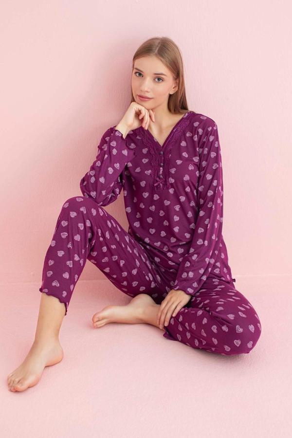 Pijamerry Kadın Dantel Yaka Bambu Uzun Kol Pijama Takımı 5206 - 1 Adet Mor-M - Image 1