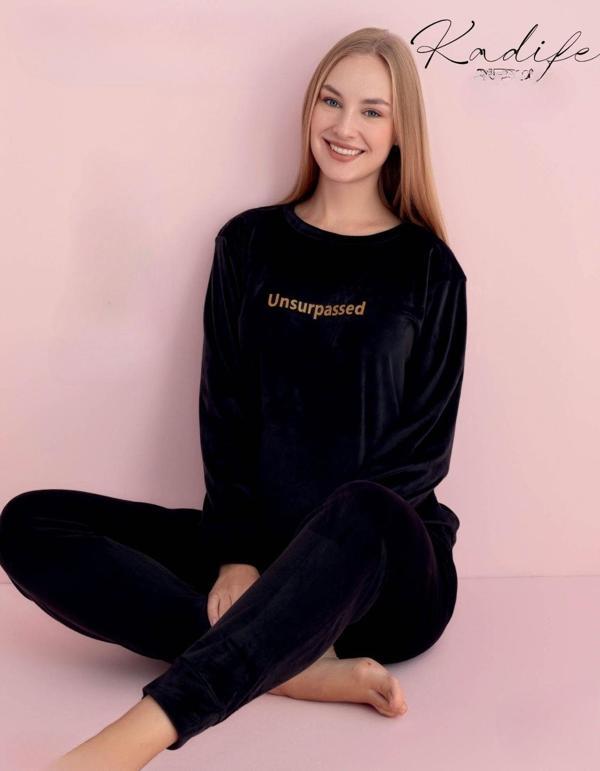 Pijamerry Kadın Kışlık Bisiklet Yaka Kadife Pijama Takımı 3012 - 1 Adet Siyah-XL - Image 1