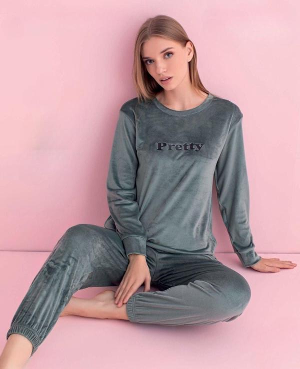 Pijamerry Kadın Kışlık Bisiklet Yaka Kadife Pijama Takımı 3035SY - 1 Adet Su Yeşil-2XL - Image 1
