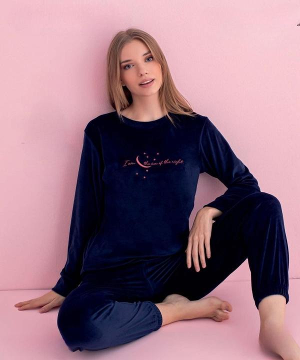 Pijamerry Kadın Kışlık Bisiklet Yaka Kadife Pijama Takımı 3037L - 1 Adet Lacivert-L - Image 1