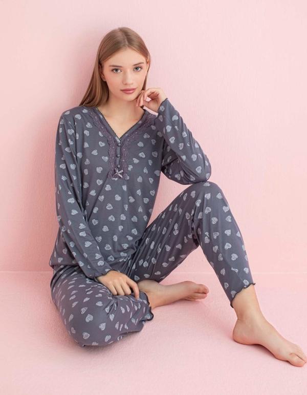 Pijamerry Kadın Dantel Yaka Bambu Uzun Kol Pijama Takımı 5204 - 1 Adet Füme-M - Image 1