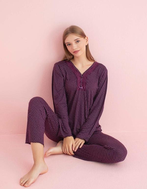 Pijamerry Kadın Dantel Yaka Bambu Uzun Kol Pijama Takımı 5207 - 1 Adet Mor-2XL - Image 1
