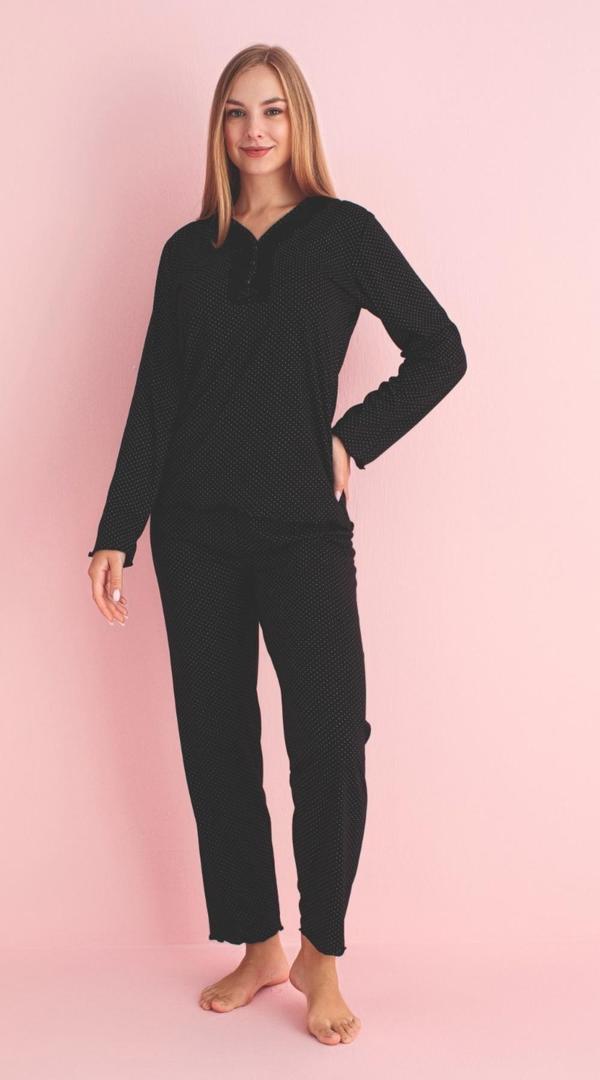 Pijamerry Kadın Dantel Yaka Bambu Uzun Kol Pijama Takımı 5212 - 1 Adet Siyah-2XL - Image 1