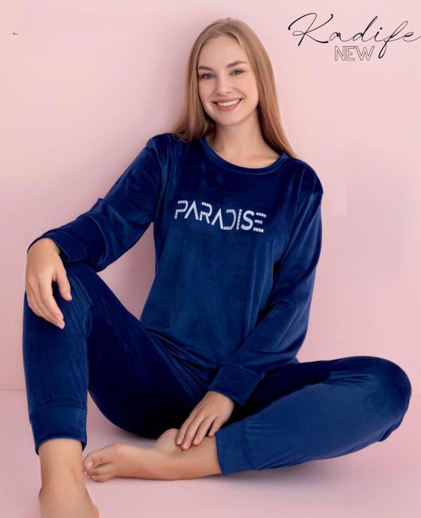 Pijamerry Kadın Kışlık Bisiklet Yaka Kadife Pijama Takımı 3017L - 1 Adet Lacivert-S - Image 1