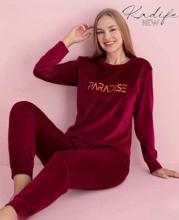 Pijamerry Kadın Kışlık Bisiklet Yaka Kadife Pijama Takımı 3017B - 1 Adet Bordo-L - Image 1