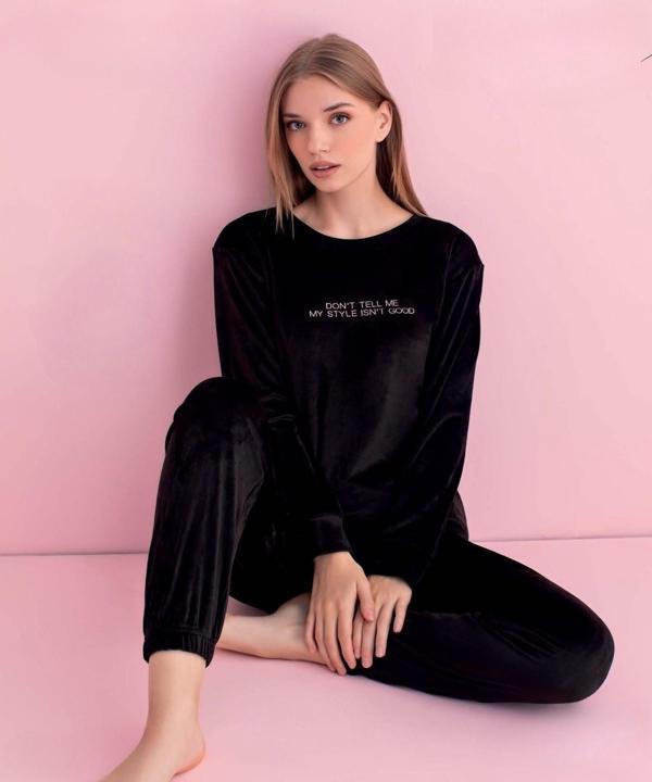 Pijamerry Kadın Kışlık Bisiklet Yaka Kadife Pijama Takımı 3050S - 1 Adet Siyah-L - Image 1