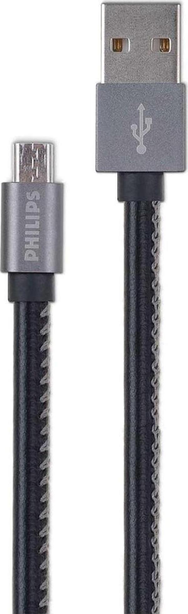 Philips 3A 60W UsbA to Micro Deri Kaplama Hızlı Şarj ve Data Kablosu 1.2m Siyah DLC2518B/97  - Image 1
