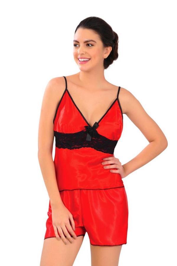 Sistina Bayan Kırmızı Saten Babydoll Şortlu Takım 314 - Image 1