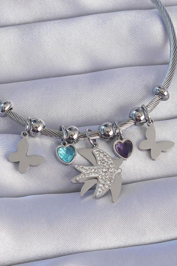 Zarif Kadın için Silver Çelik Zirkonlu Kuş Stil Kelebek Charm Bileklik - Image 1