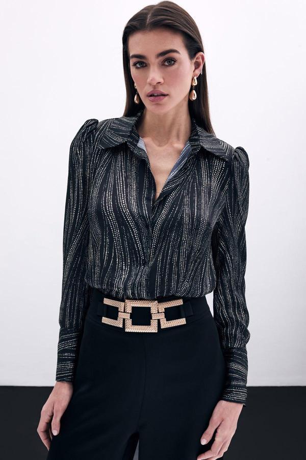 Geniş Manşetli Gömlek - Siyah-Camel - Image 1