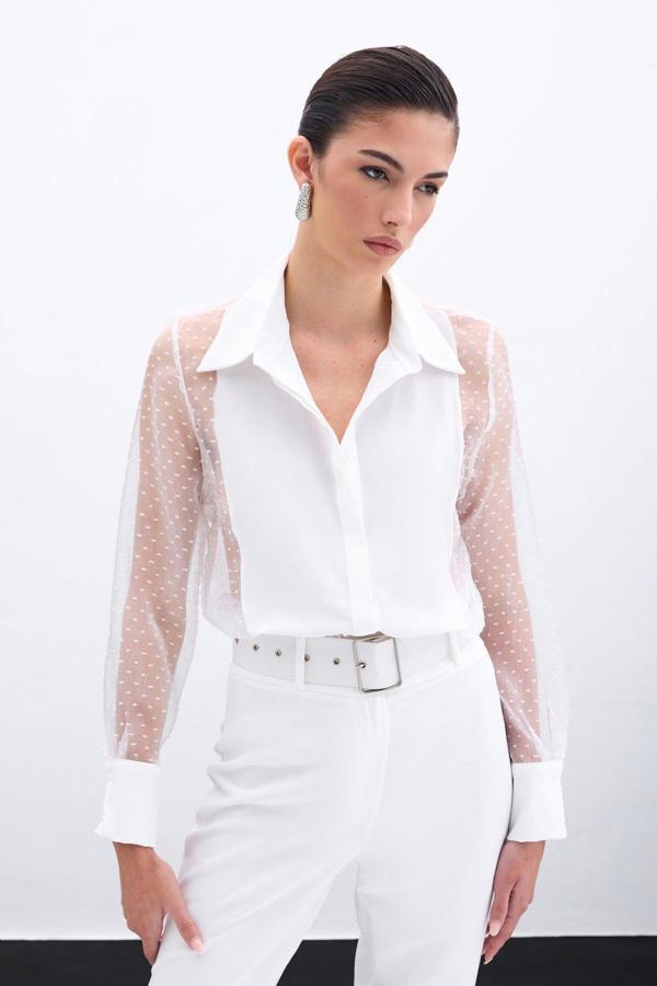 Organze Detaylı Gömlek - Ekru - Image 1