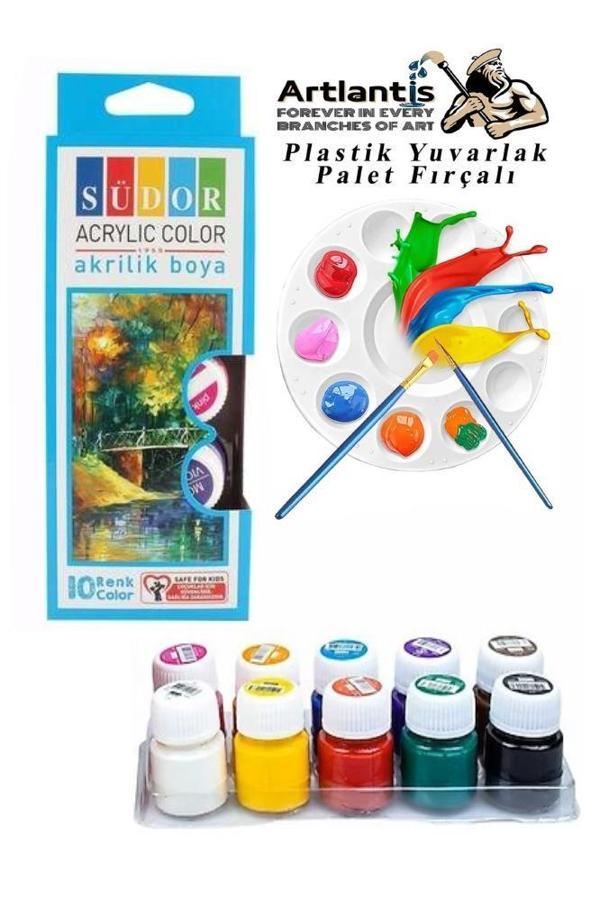 Akrilik Boya 10 Renk 20 ml Şişe 1 Paket 10 Lu Akrilik Boya Seti ve Yuvarlak Resim Paleti Fırçalı 10 Hazneli Boya Paleti - Image 1