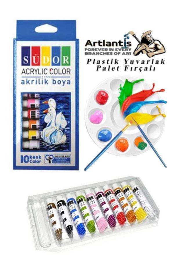 Akrilik Boya 10 Renk 9 Ml Tüp 1 Paket 10 Lu Set ve Yuvarlak Resim Paleti 10 Hazneli  - Image 1