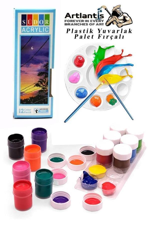 Akrilik Boya 12 Renk 20 ml Şişe 1 Paket 12 Li Akrilik Boya Seti ve Yuvarlak Resim Paleti Fırçalı 10 Hazneli Boya Paleti - Image 1