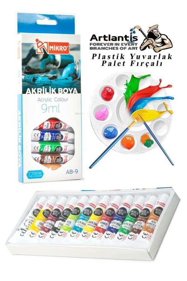 Akrilik Boya Mikro 12 Renk 9 Ml Tüp 1 Paket 12 Li Akrilik Boya Seti ve Yuvarlak Resim Paleti Fırçalı 1 Paket 10 Hazneli  - Image 1
