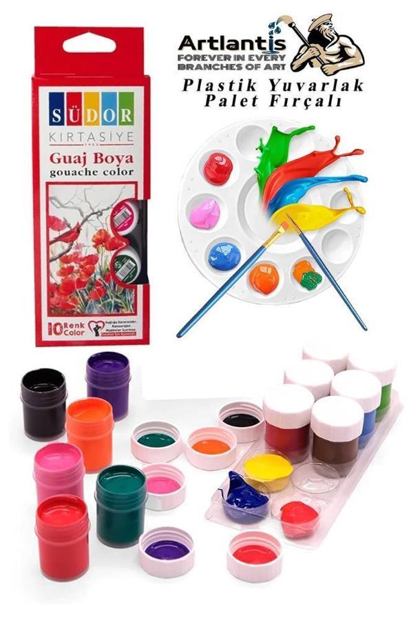 Guaj Boya 10 Renk 20 Ml Şişe 1 Paket 10 Lu Guaj Boya Seti ve Yuvarlak Resim Paleti Fırçalı 1 Paket 10 Hazneli Boya Palet - Image 1