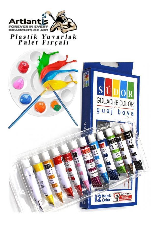 Guaj Boya 12 Renk 9 Ml Tüp 1 Paket 12 Li Guaj Boya Seti ve Yuvarlak Resim Paleti Fırçalı 1 Paket 10 Hazneli Boya Paleti - Image 1