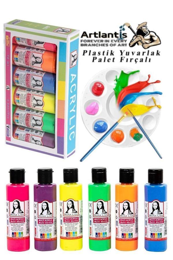 Monalisa Akrilik Boya 6 Renk x 70 ml Fosforlu Neon Renkler 1 Paket ve Yuvarlak Resim Paleti Fırçalı 10 Hazneli  - Image 1