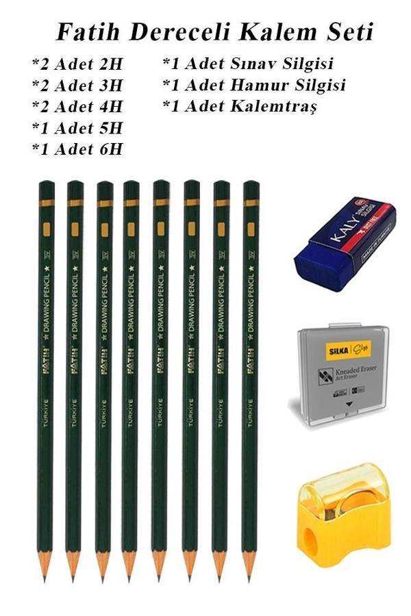 Resim Kalemi Fatih Dereceli Kalem Seti Karakalem Seti 2H 3H 4H 5H 6H 11'li Set Sınav Silgisi ve Hamur Silgi Kalemtraş - Image 1