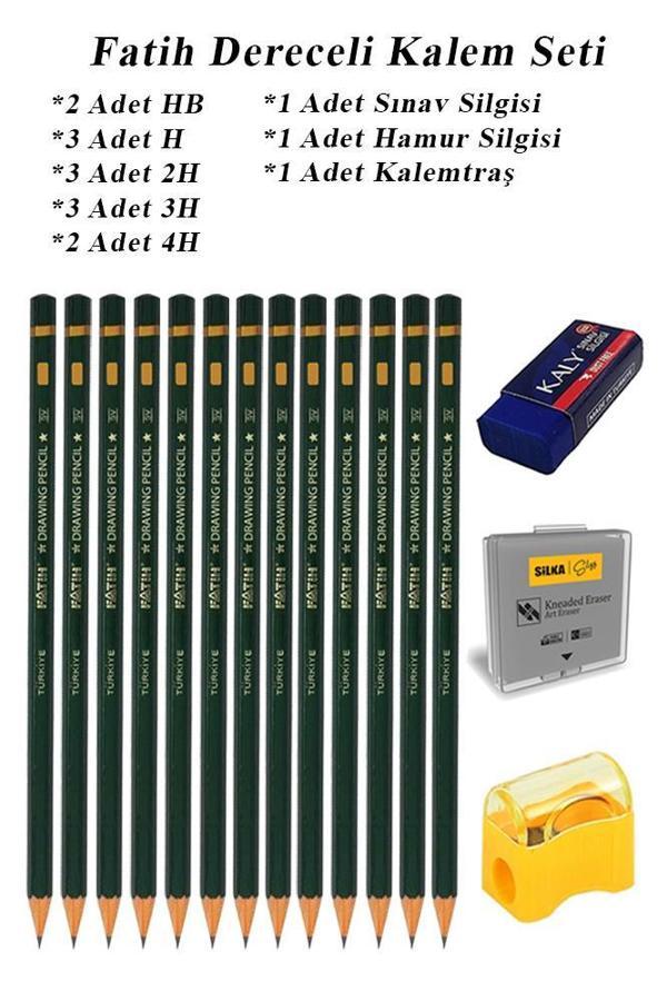 Resim Kalemi Fatih Dereceli Kalem Seti Karakalem Seti HB H 2H 3H 4H 16'lı Set Sınav Silgisi ve Hamur Silgi Kalemtraş - Image 1