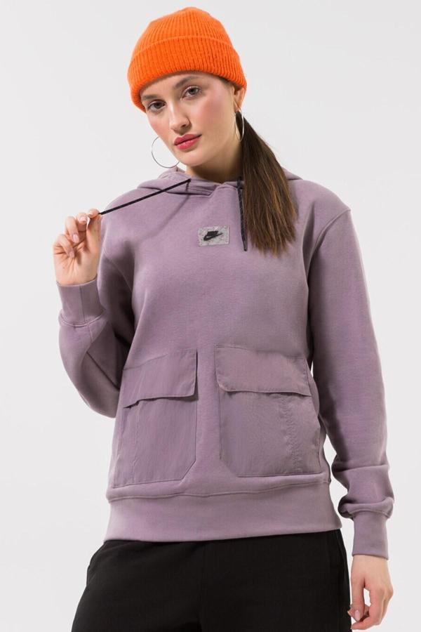 Nike Sportswear Fleece Women's Purple Hoodie Oversize Kadın Geniş Kalıp Kapüşonlu Sweatshirt Mor - Image 1